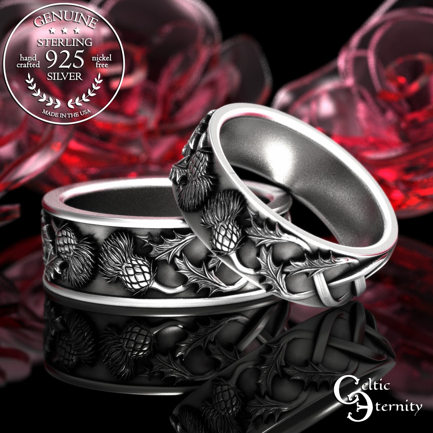 Sterling Scottish Thistle Blossom & Leaves Wedding Band Set - Matching Infinity Knotwork, 2126 2127