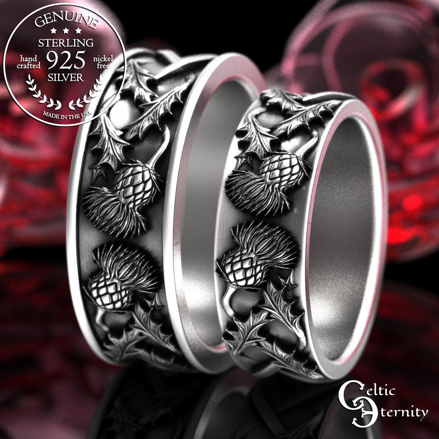 Sterling Scottish Thistle Blossom & Leaves Wedding Band Set - Matching Infinity Knotwork, 2126 2127