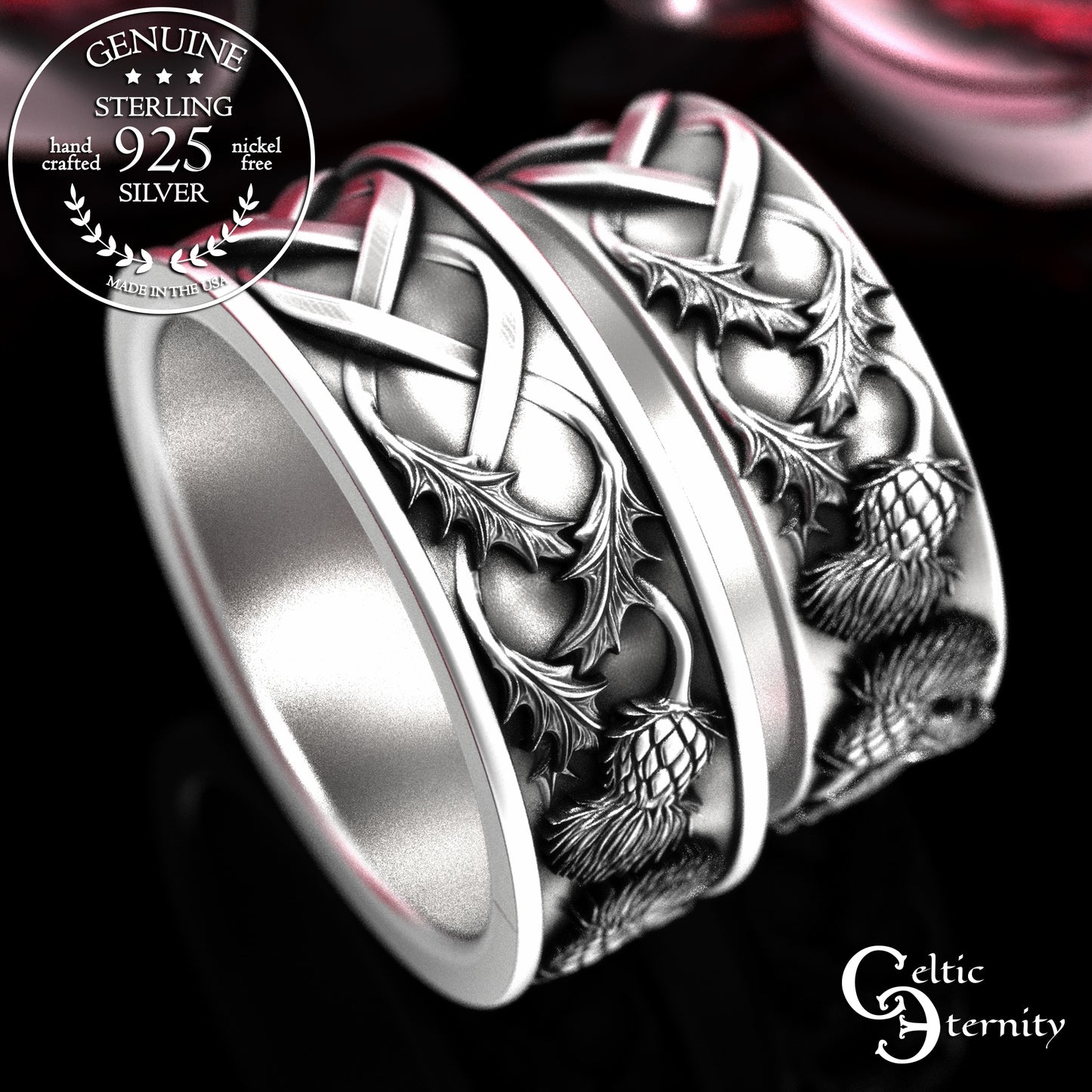 Sterling Scottish Thistle Blossom & Leaves Wedding Band Set - Matching Infinity Knotwork, 2126 2127