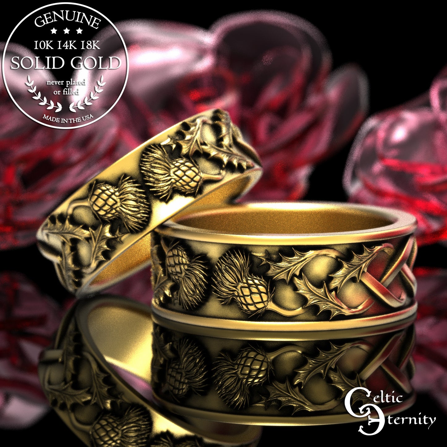 Sterling Scottish Thistle Blossom & Leaves Wedding Band Set - Matching Infinity Knotwork, 2126 2127