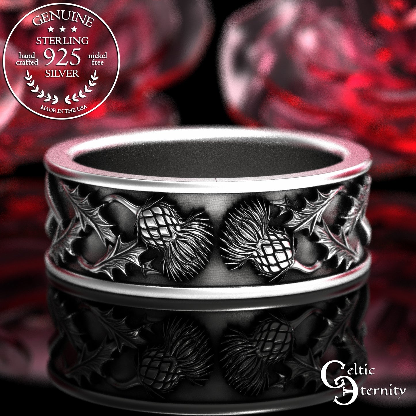 Sterling Silver Scottish Men's Thistle Wedding Band, 2127