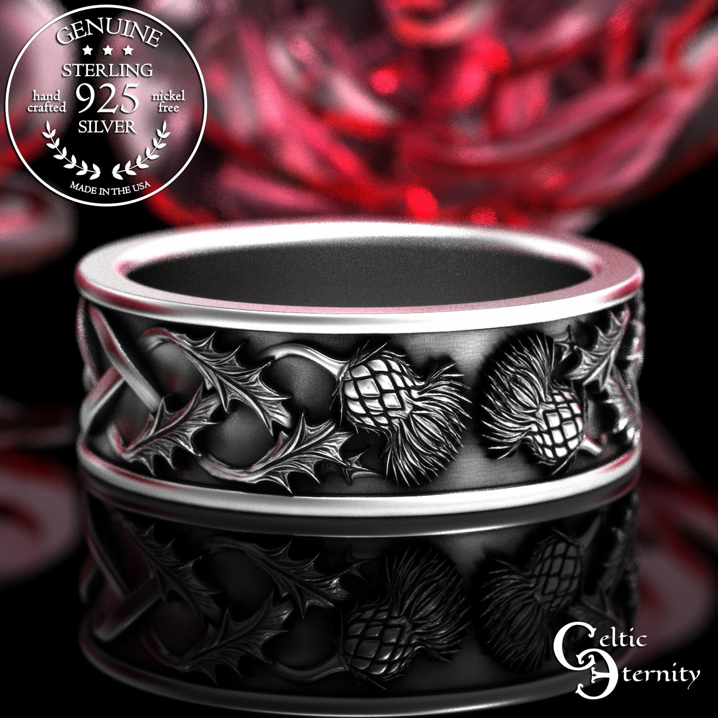 Sterling Silver Scottish Men's Thistle Wedding Band, 2127
