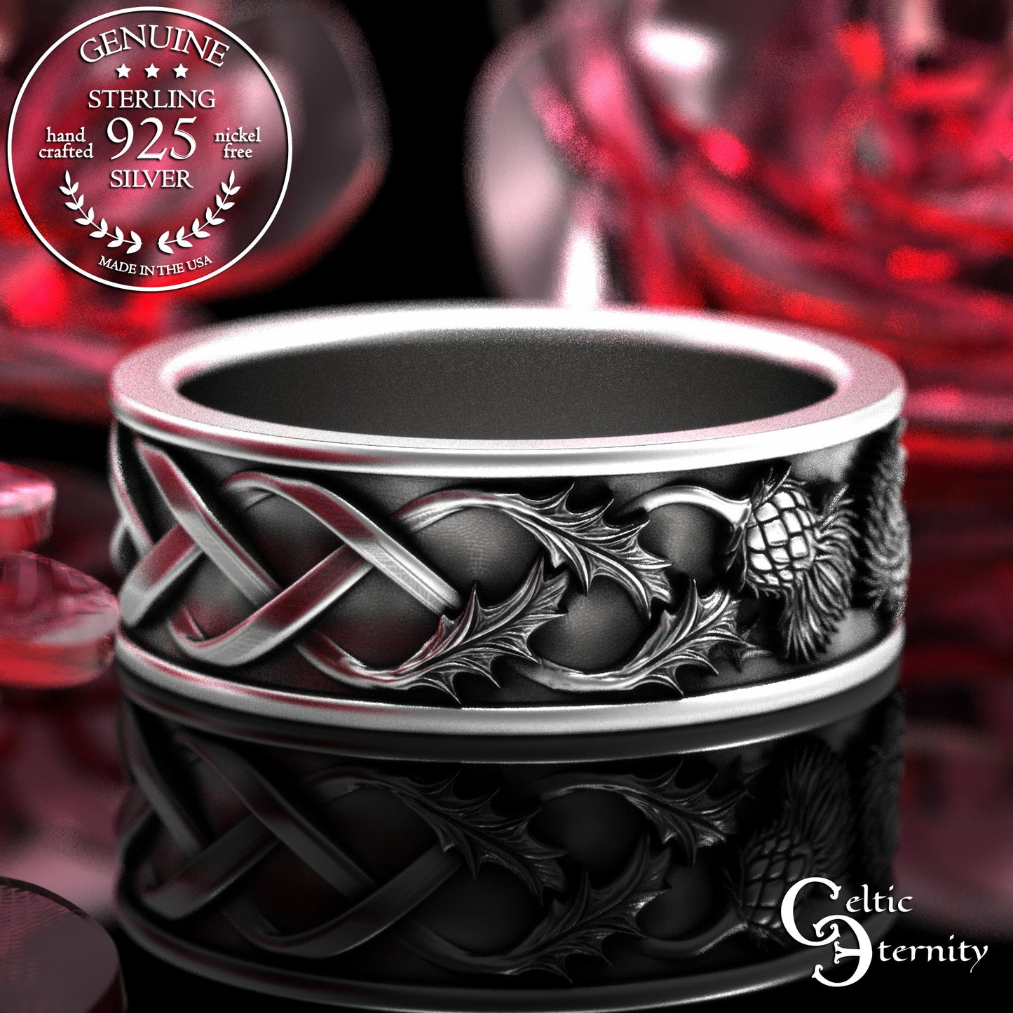 Sterling Silver Scottish Men's Thistle Wedding Band, 2127