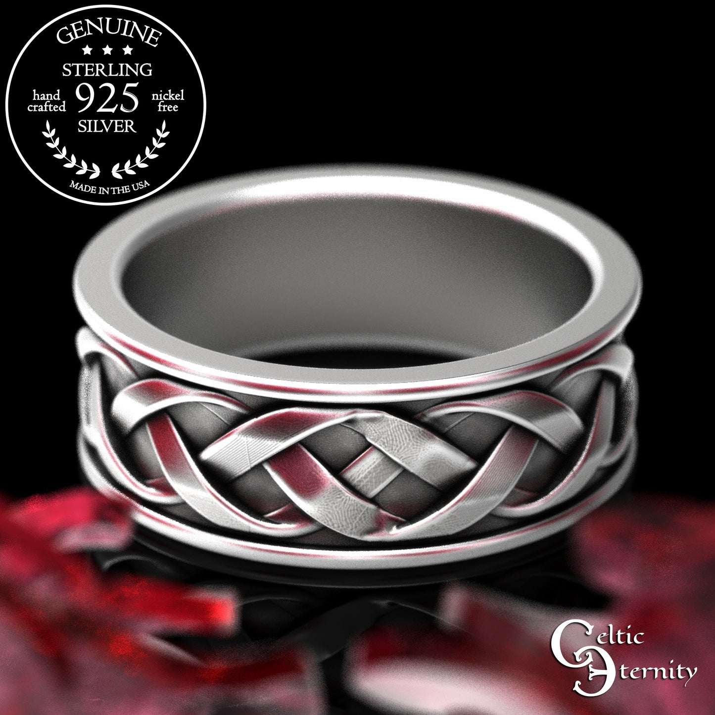 Sterling Scottish Thistle Blossom & Leaves Wedding Band Set - Matching Infinity Knotwork, 2126 2127