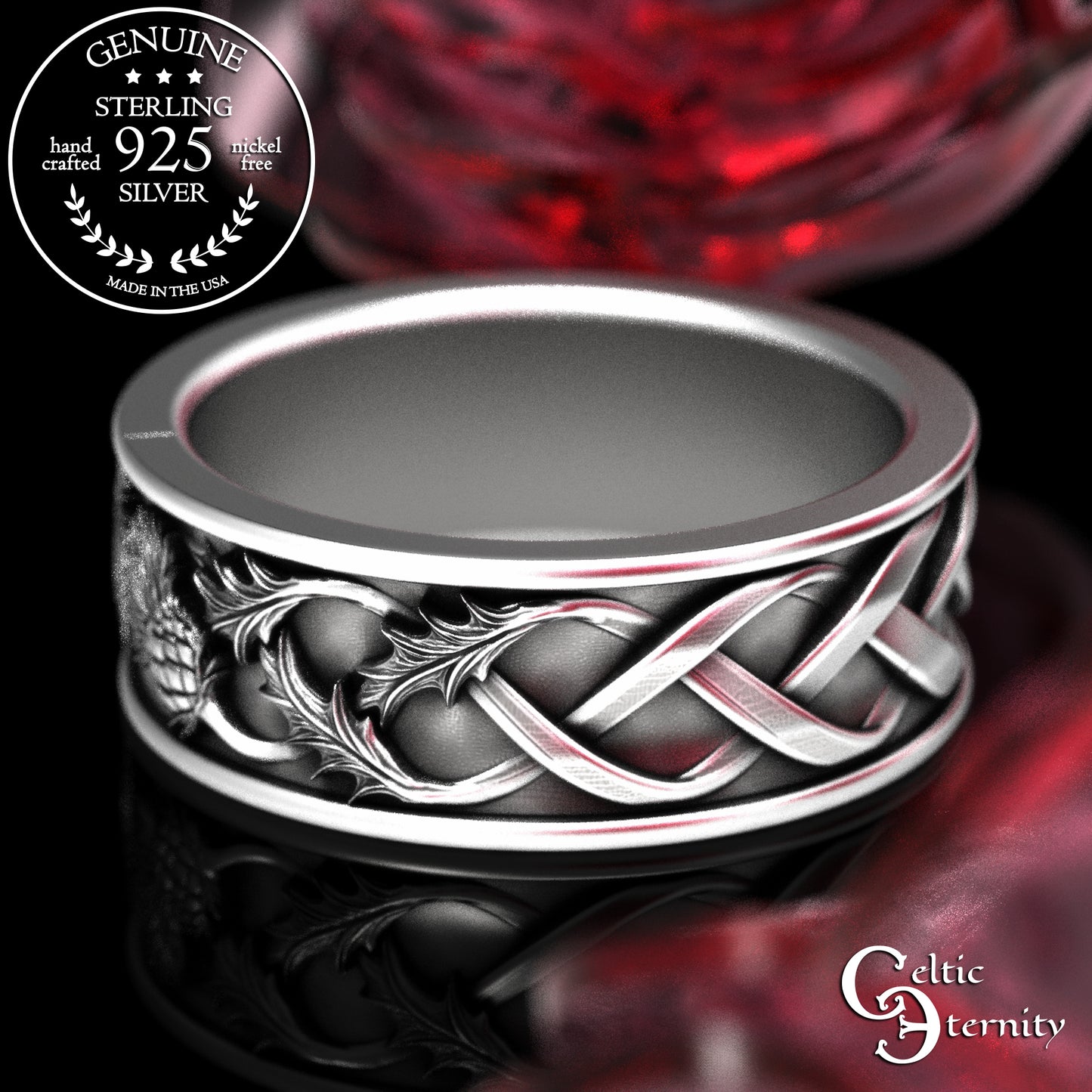 Sterling Scottish Thistle Blossom & Leaves Wedding Band Set - Matching Infinity Knotwork, 2126 2127