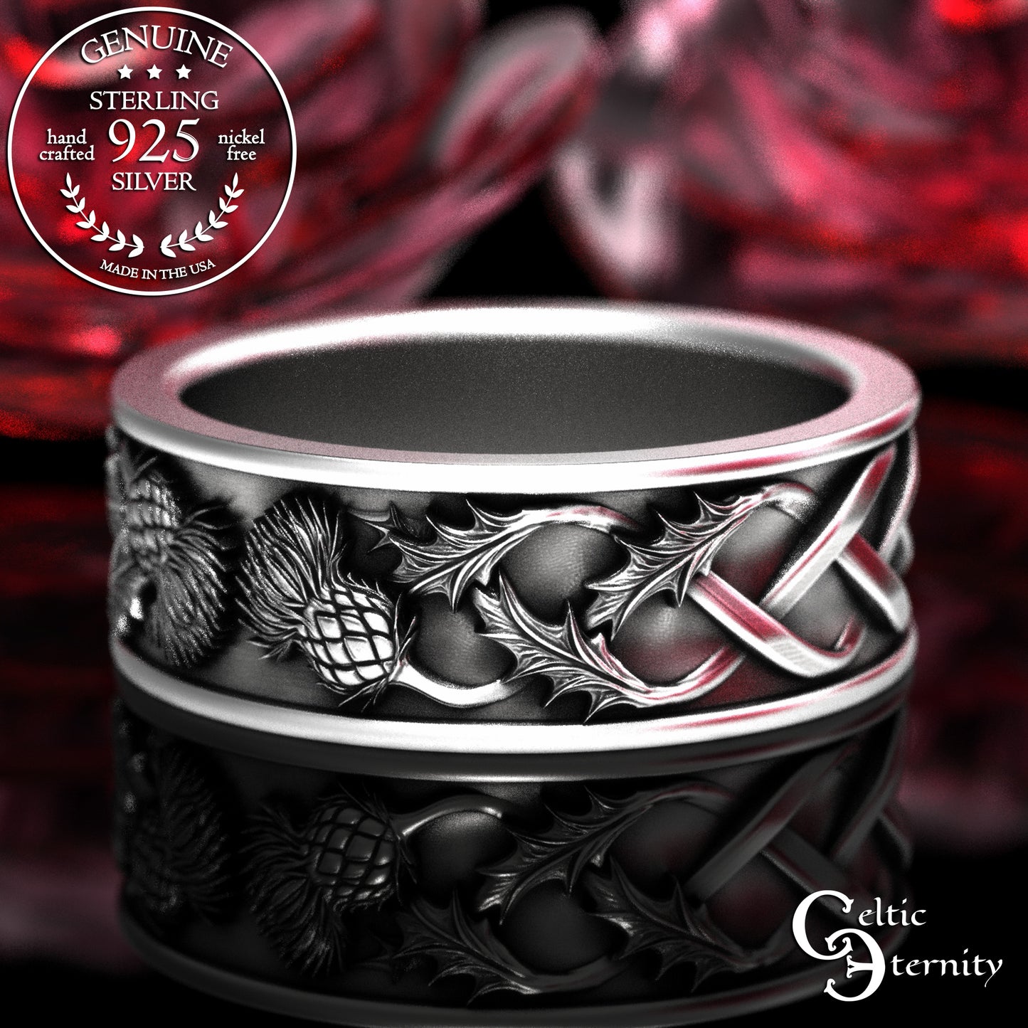 Sterling Scottish Thistle Blossom & Leaves Wedding Band Set - Matching Infinity Knotwork, 2126 2127
