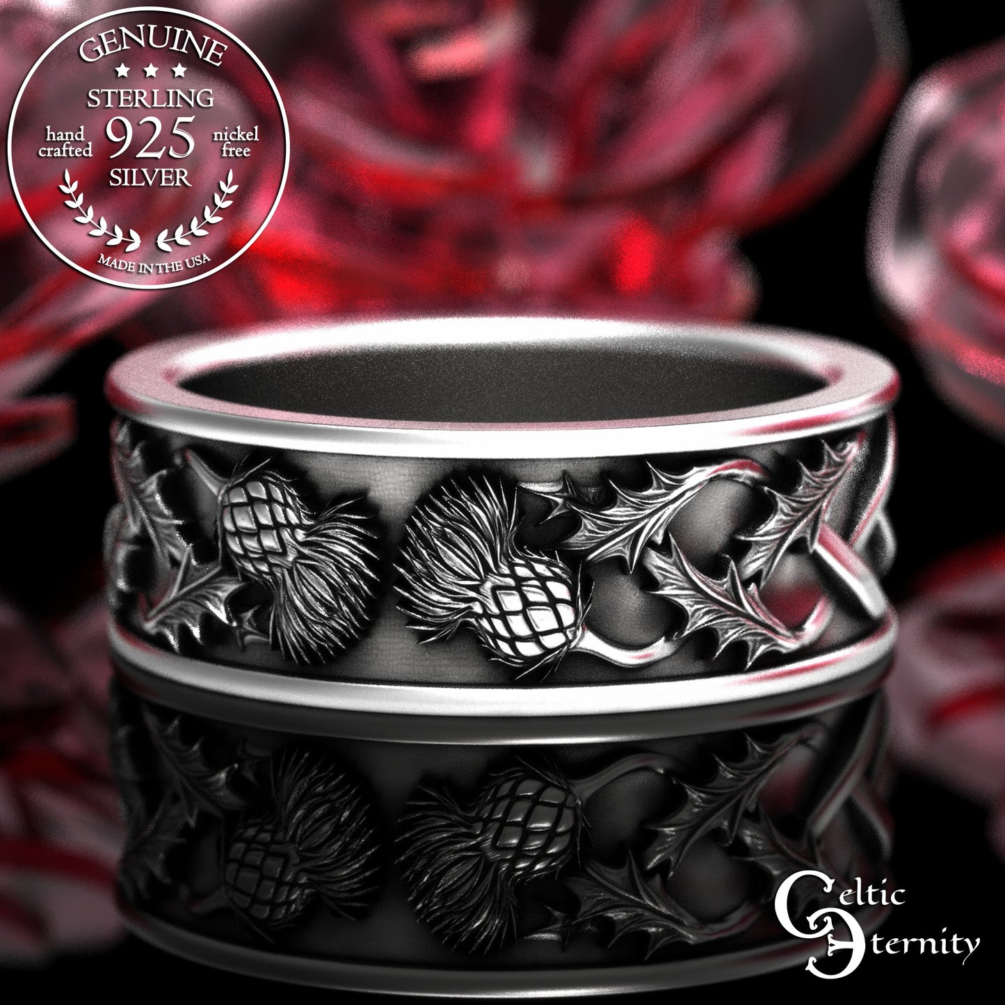 Sterling Scottish Thistle Blossom & Leaves Wedding Band Set - Matching Infinity Knotwork, 2126 2127