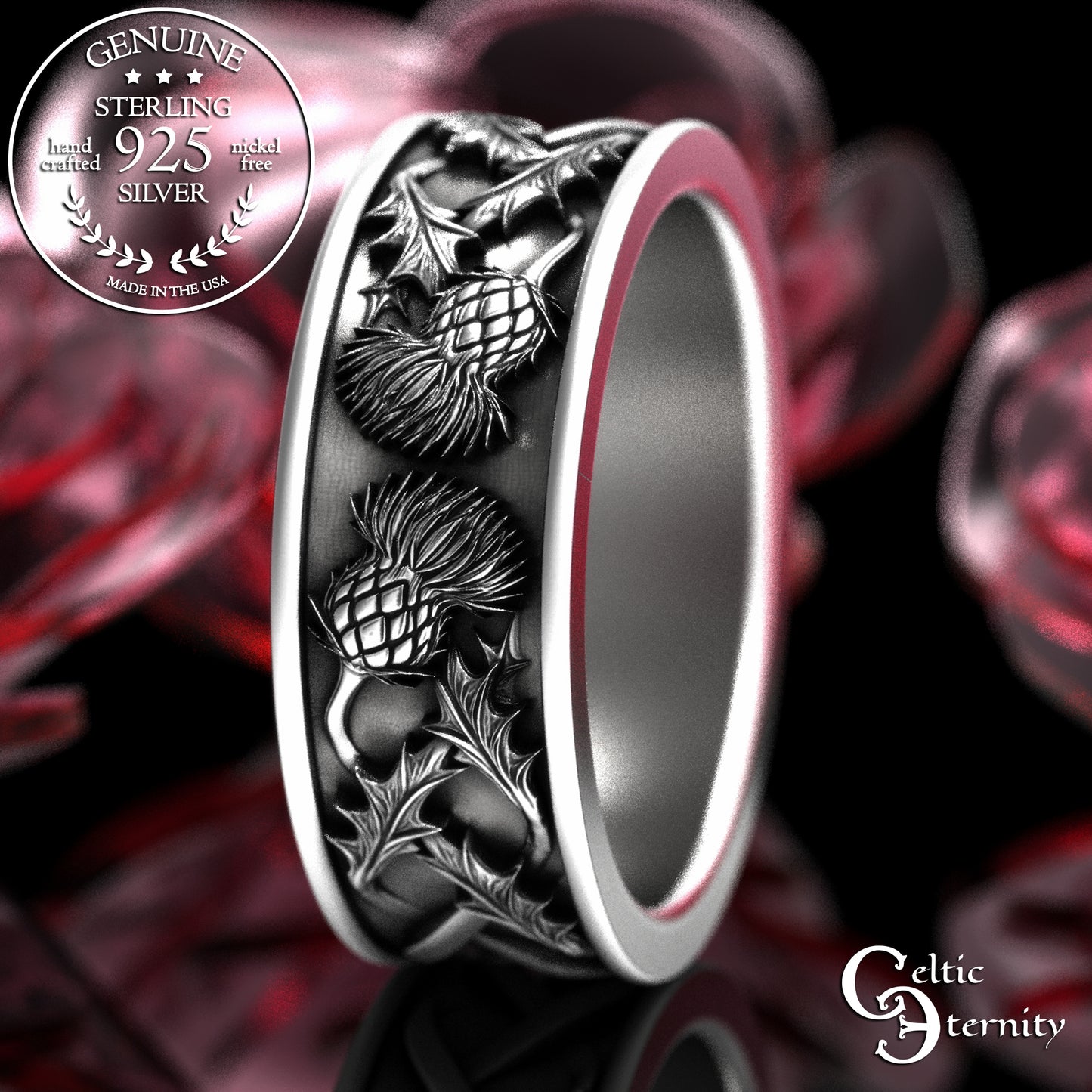 Sterling Silver Scottish Men's Thistle Wedding Band, 2127