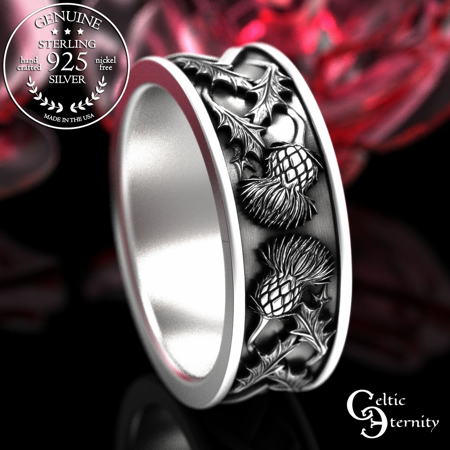 Sterling Scottish Thistle Blossom & Leaves Wedding Band Set - Matching Infinity Knotwork, 2126 2127