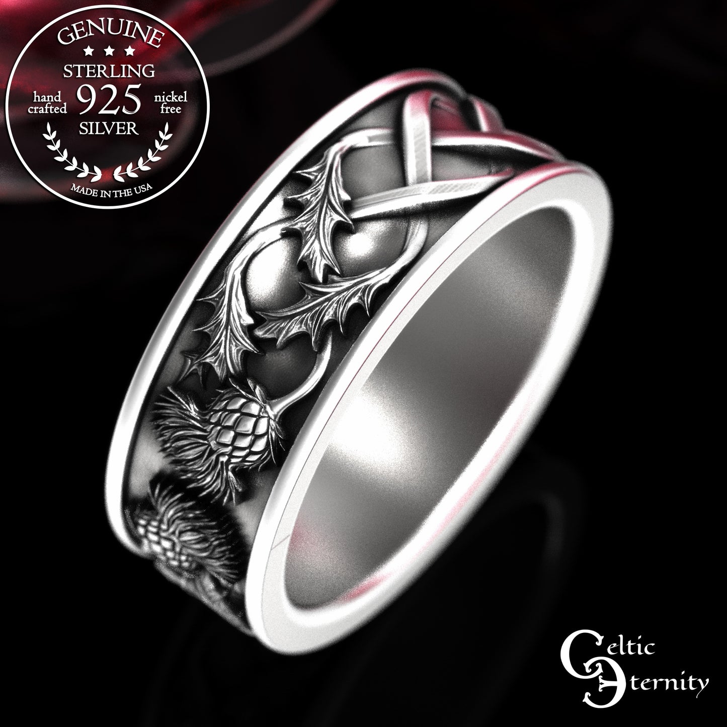 Sterling Silver Scottish Men's Thistle Wedding Band, 2127