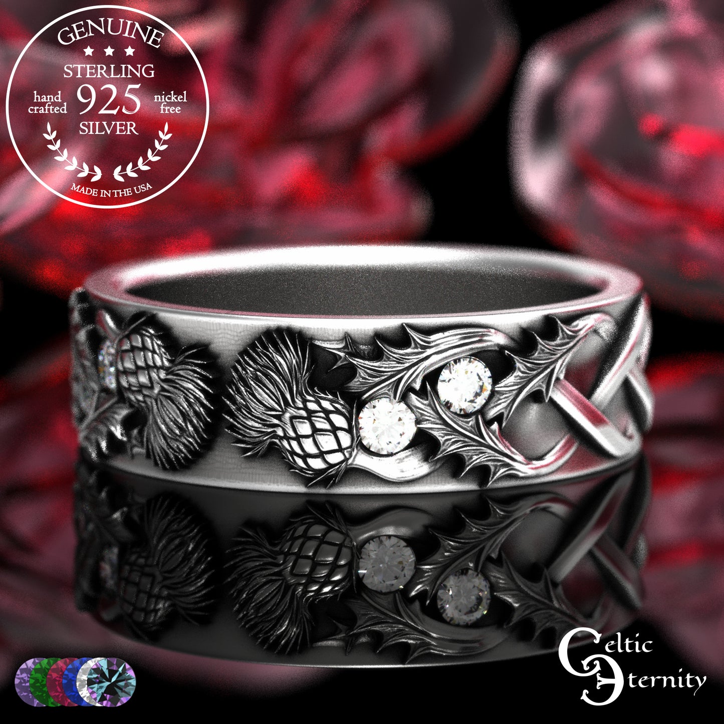 Sterling Woman's Irish Thistle Wedding Band with Alexandrites, 2128
