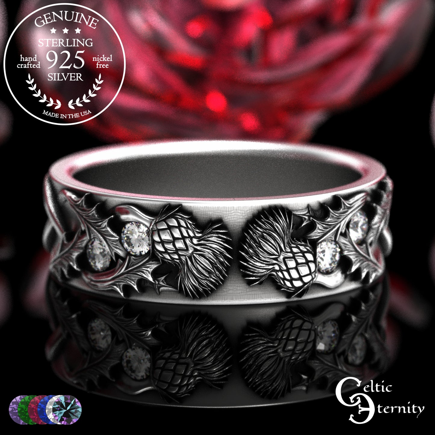 Sterling Woman's Irish Thistle Wedding Band with Alexandrites, 2128