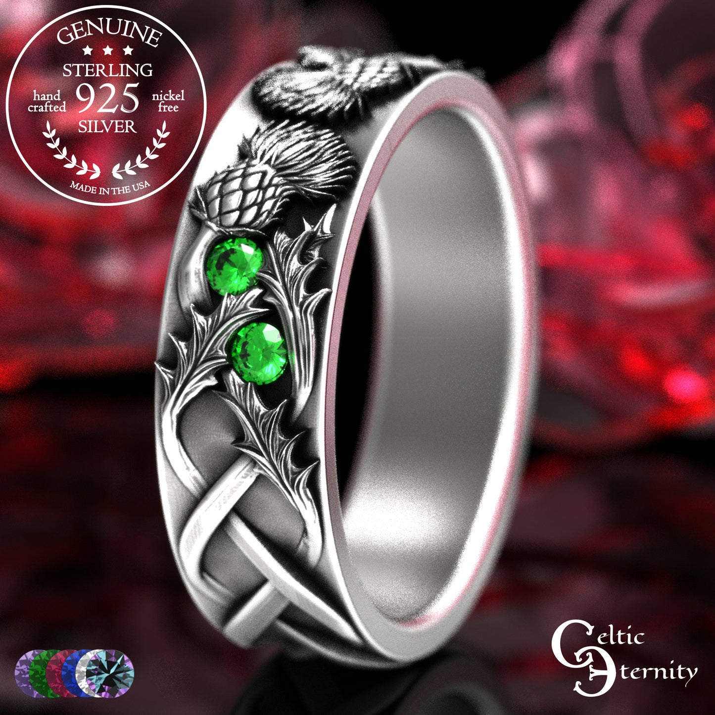 Sterling Woman's Irish Thistle Wedding Band with Alexandrites, 2128