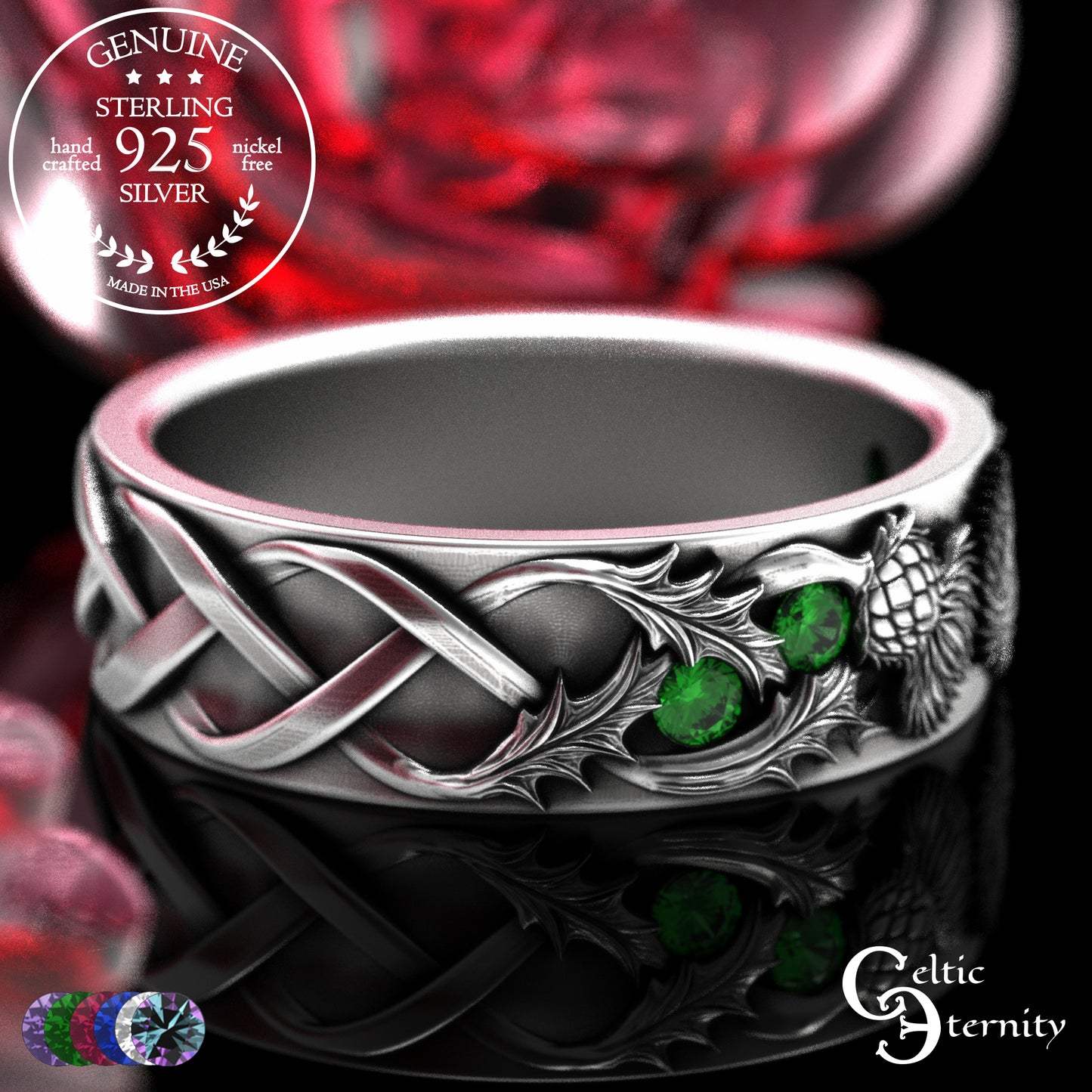 Sterling Woman's Irish Thistle Wedding Band with Alexandrites, 2128