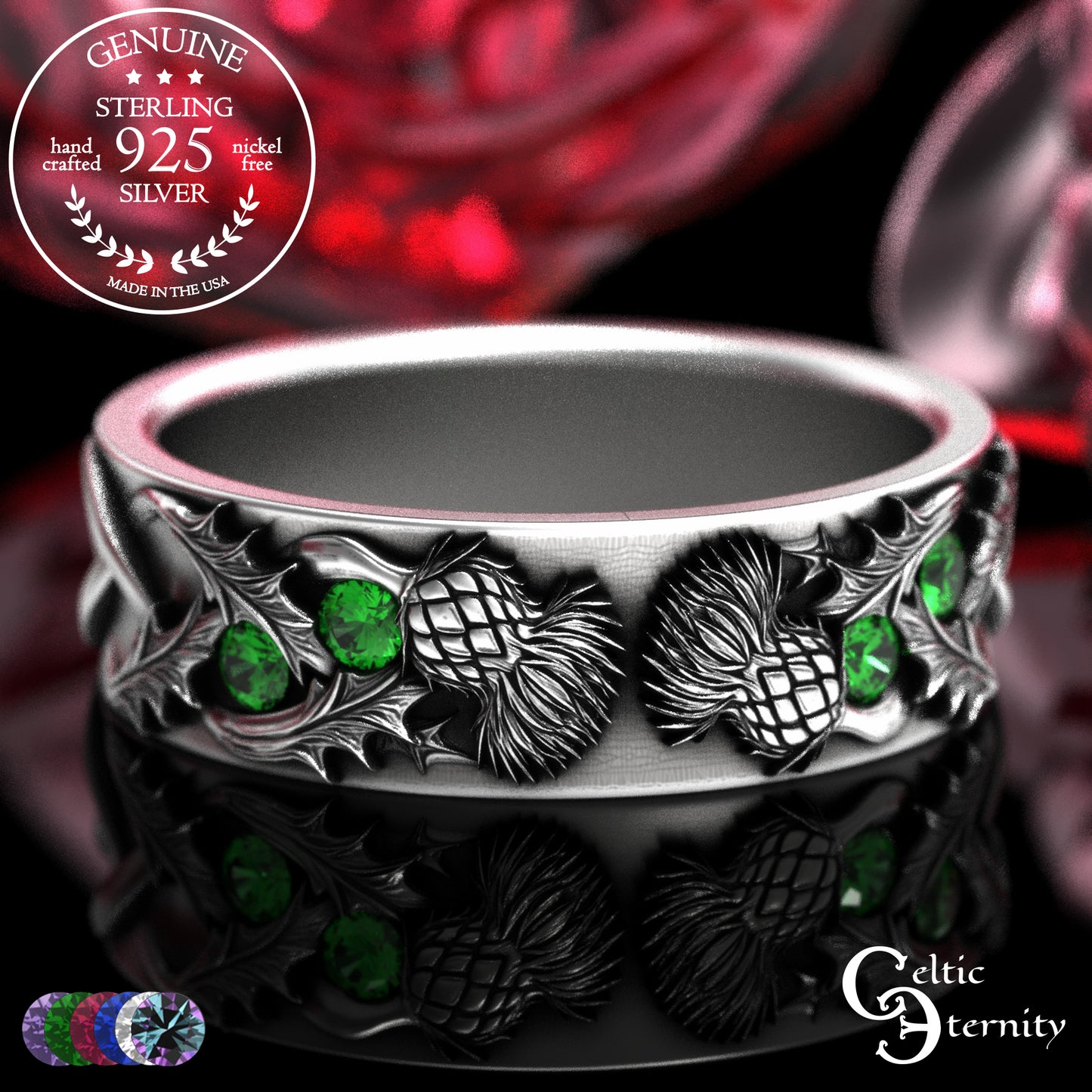 Sterling Scottish Thistle Bride & Groom Wedding Band Set with Emeralds, 2128 2129