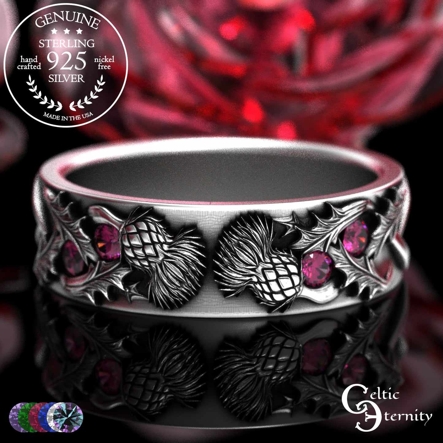 Sterling Woman's Irish Thistle Wedding Band with Alexandrites, 2128