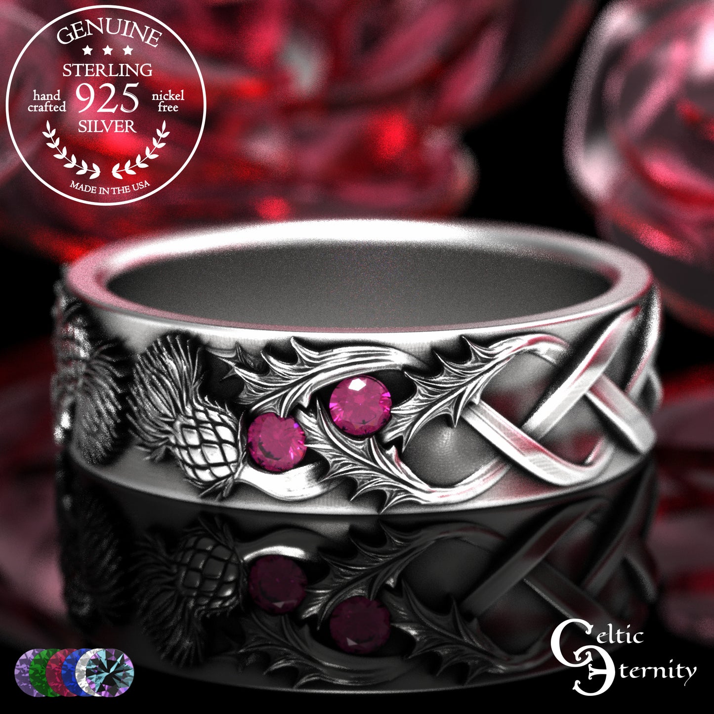 Sterling Woman's Irish Thistle Wedding Band with Alexandrites, 2128
