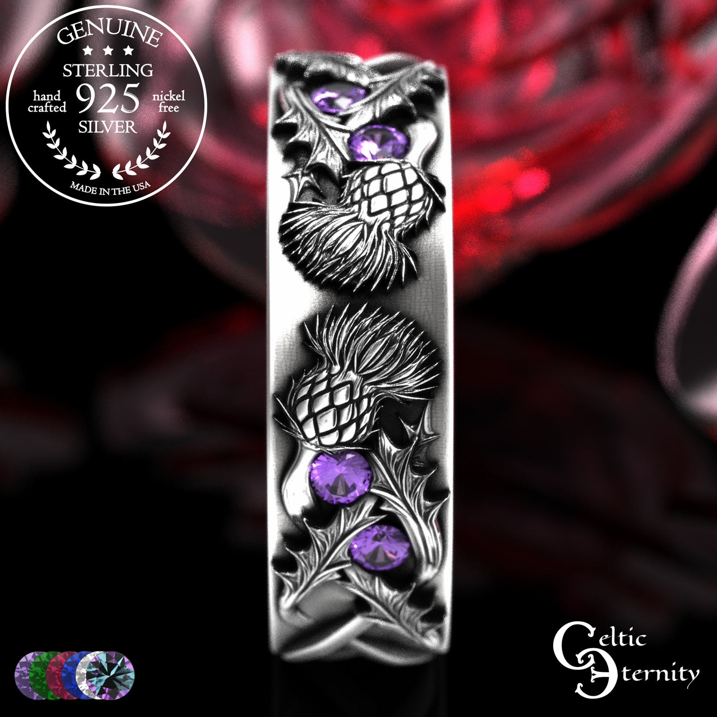 Sterling Woman's Irish Thistle Wedding Band with Alexandrites, 2128