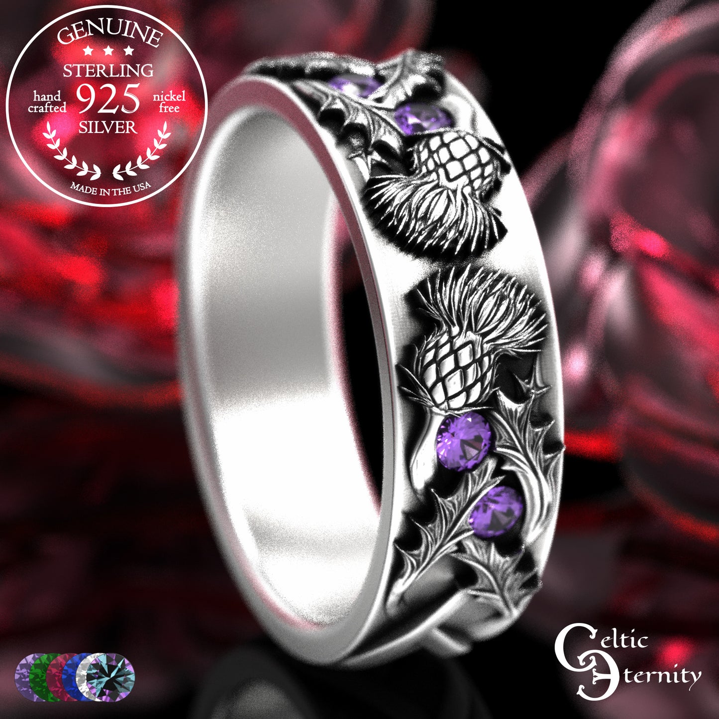 Sterling Woman's Irish Thistle Wedding Band with Alexandrites, 2128