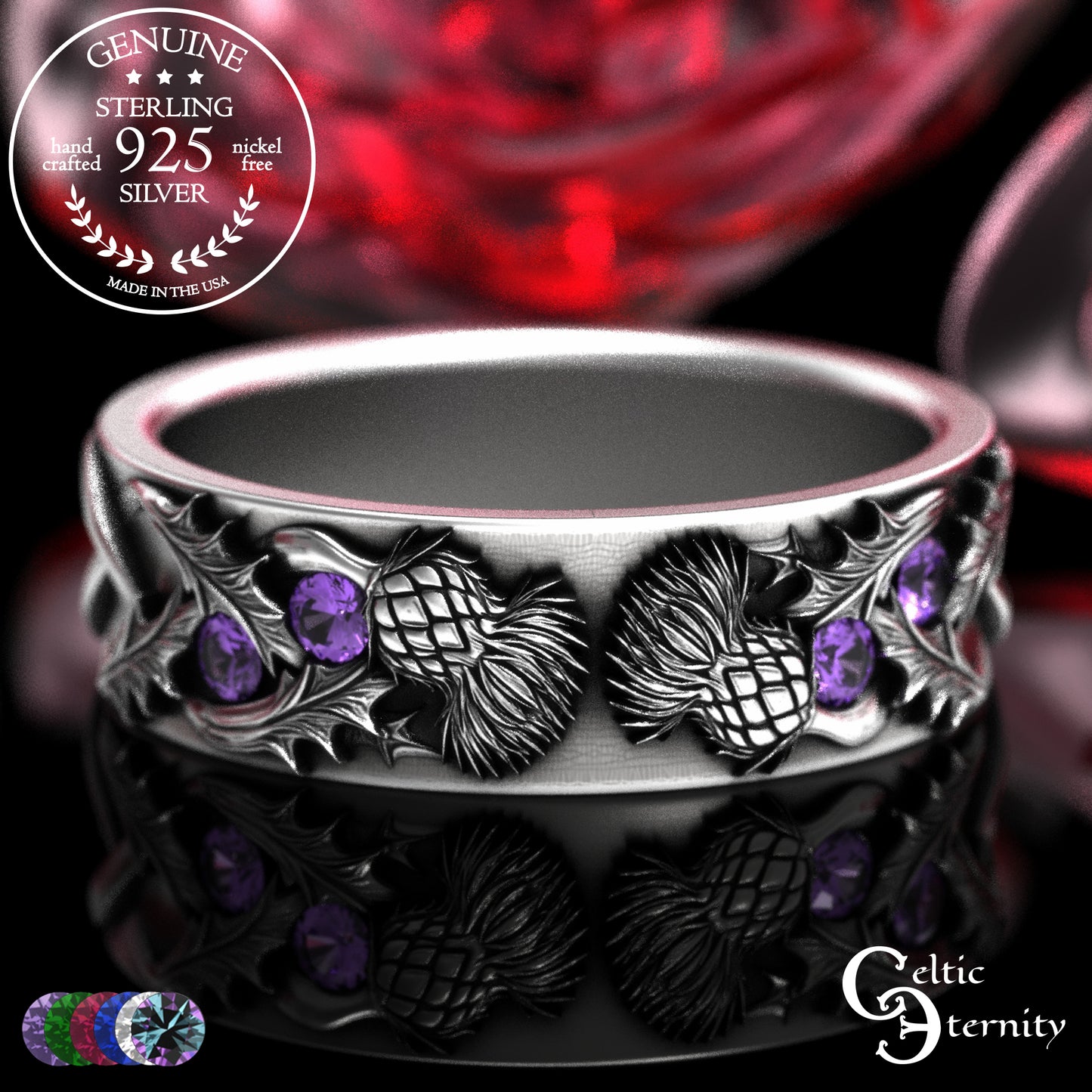 Sterling Woman's Irish Thistle Wedding Band with Alexandrites, 2128
