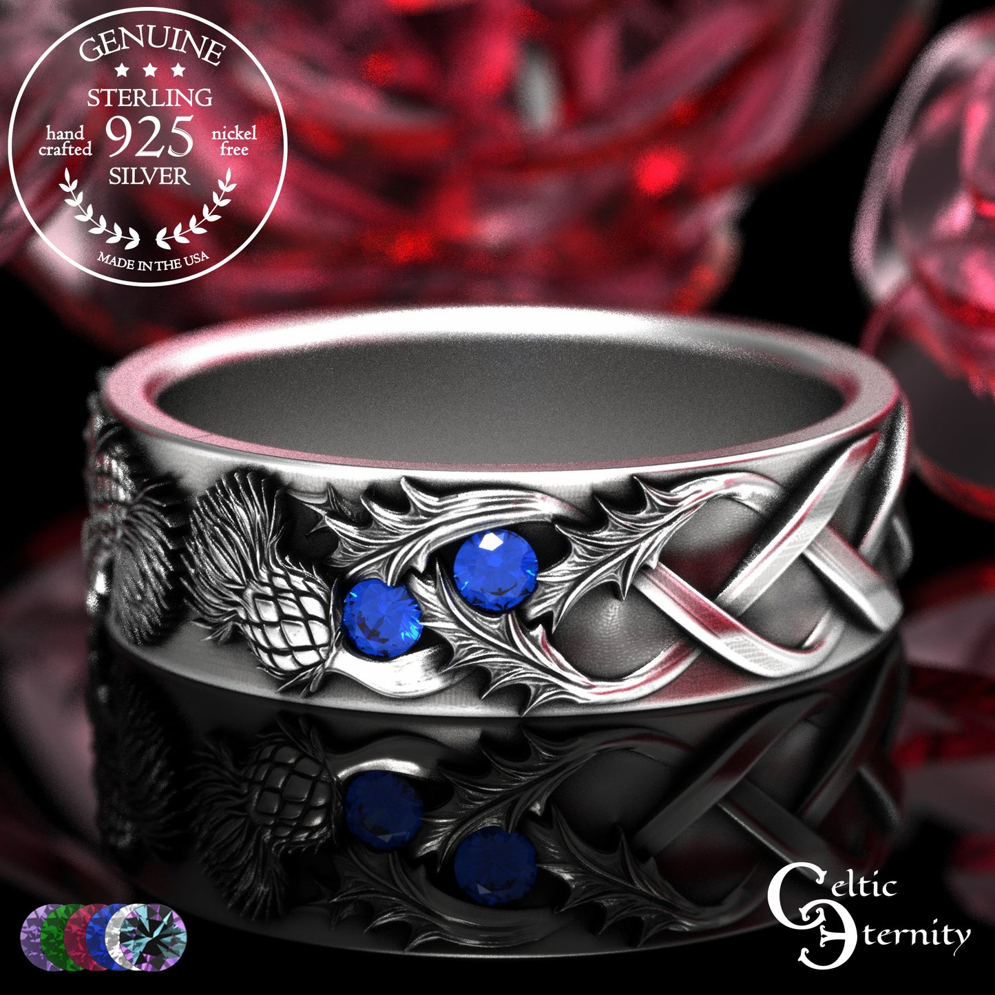 Sterling Woman's Irish Thistle Wedding Band with Alexandrites, 2128