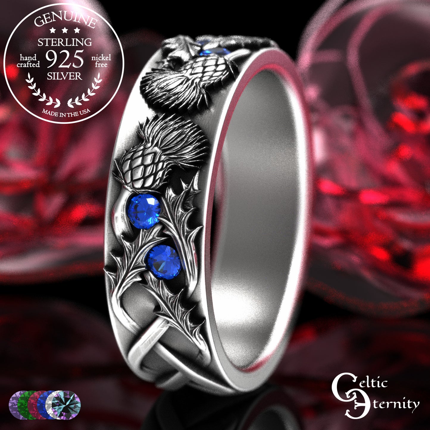 Sterling Woman's Irish Thistle Wedding Band with Alexandrites, 2128