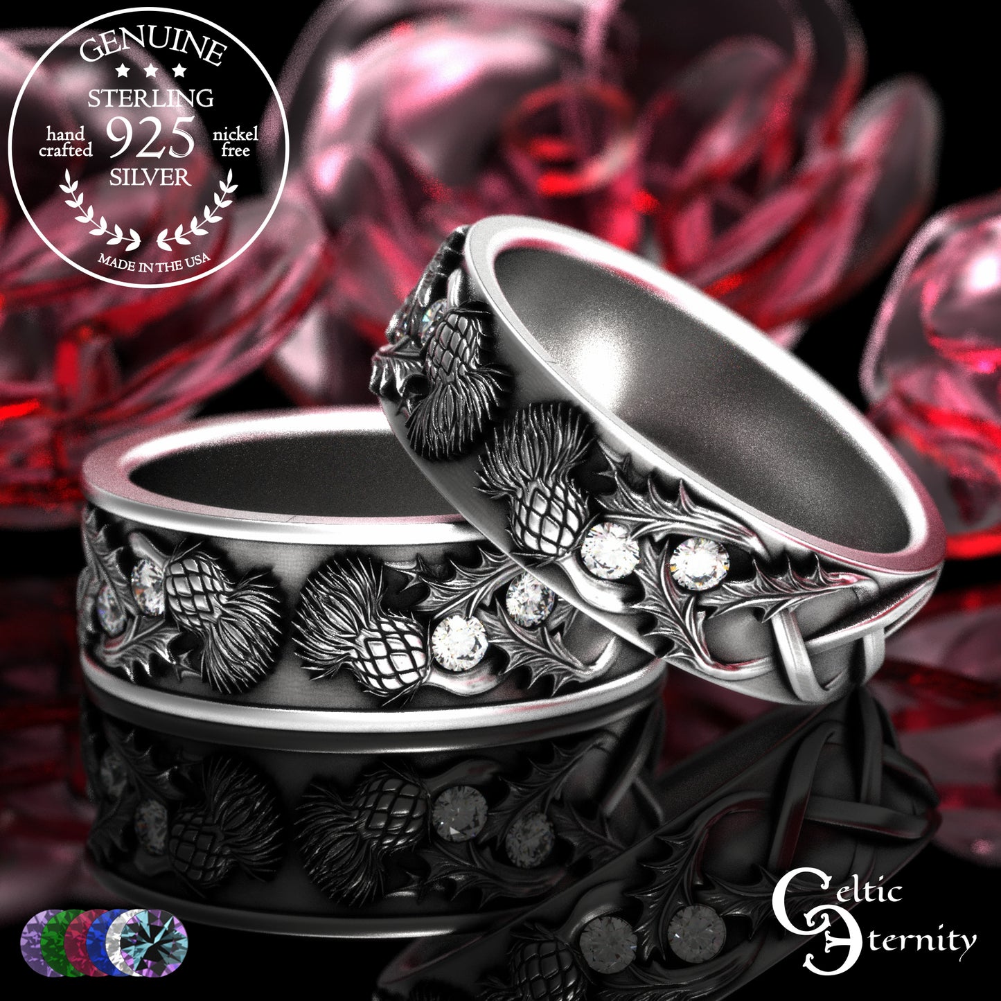 Sterling Scottish Thistle Bride & Groom Wedding Band Set with Emeralds, 2128 2129