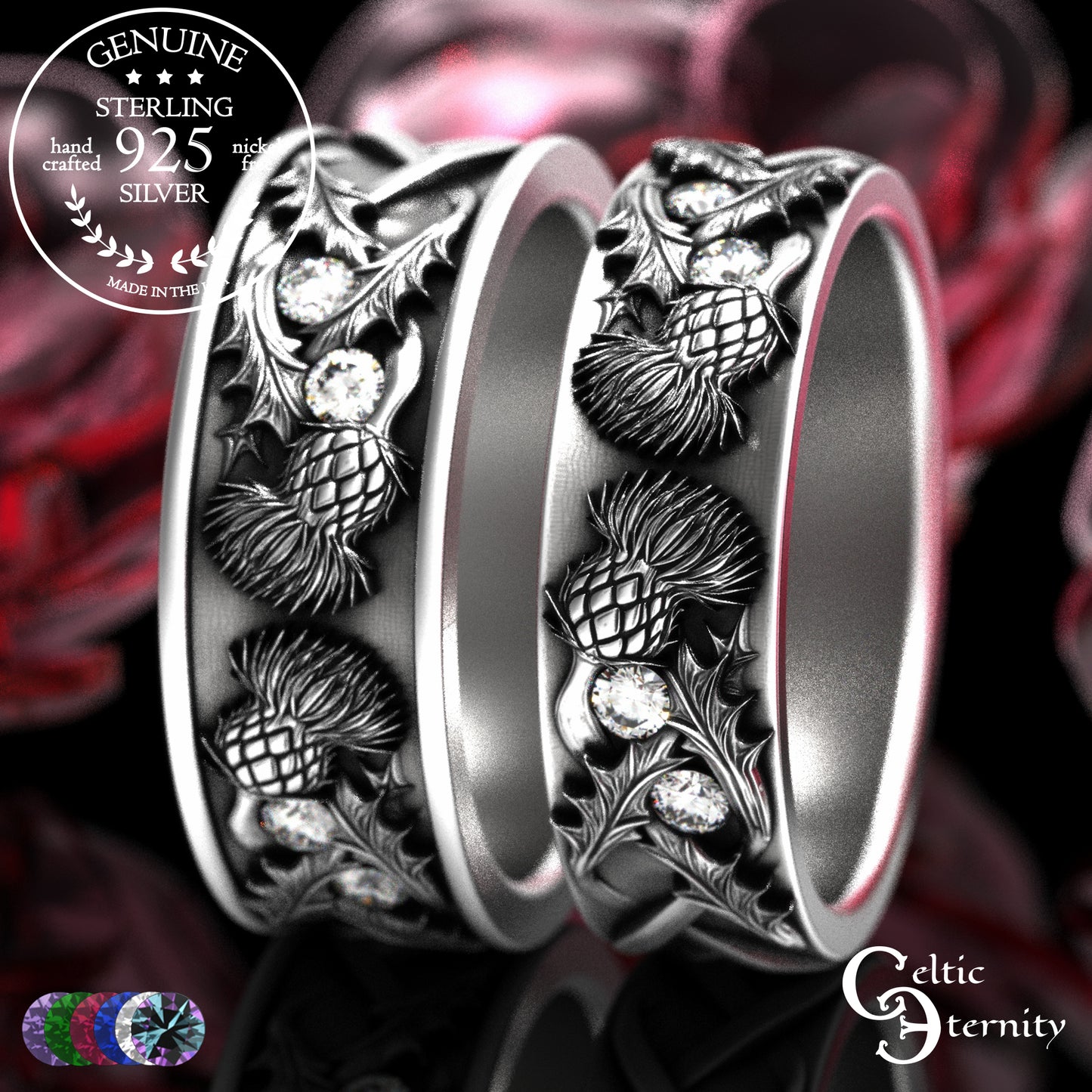 Sterling Scottish Thistle Bride & Groom Wedding Band Set with Emeralds, 2128 2129