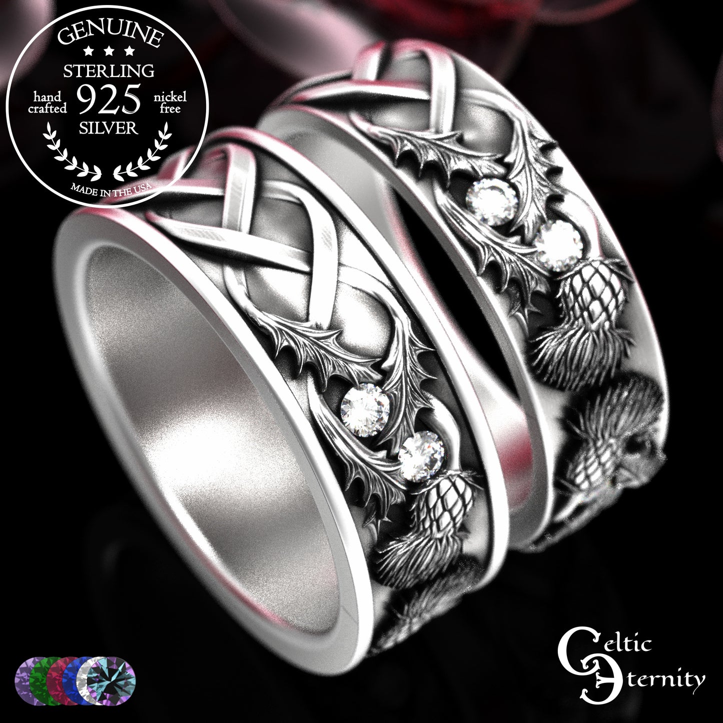 Sterling Scottish Thistle Bride & Groom Wedding Band Set with Emeralds, 2128 2129