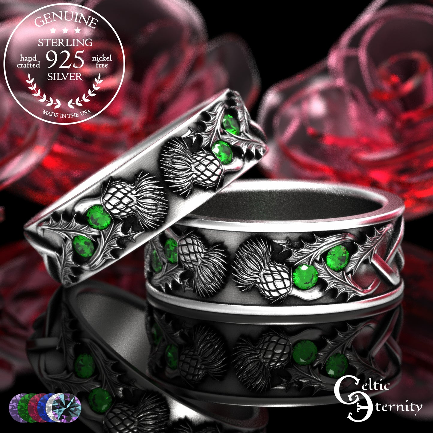 Sterling Scottish Thistle Bride & Groom Wedding Band Set with Emeralds, 2128 2129