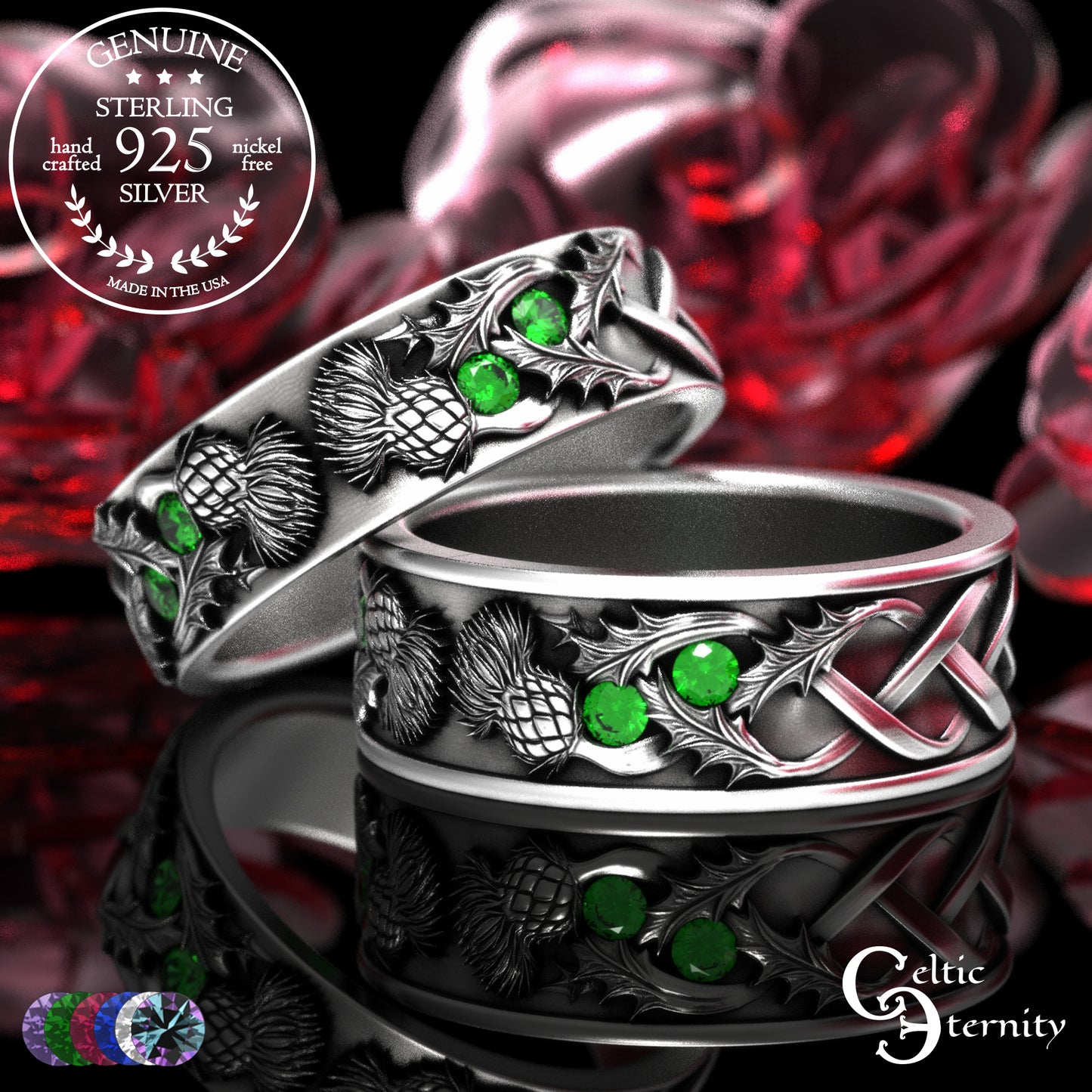 Sterling Scottish Thistle Bride & Groom Wedding Band Set with Emeralds, 2128 2129