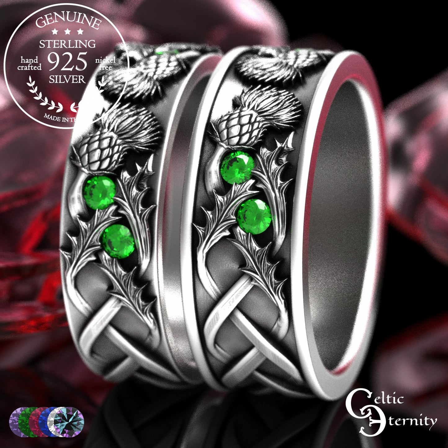 Sterling Scottish Thistle Bride & Groom Wedding Band Set with Emeralds, 2128 2129