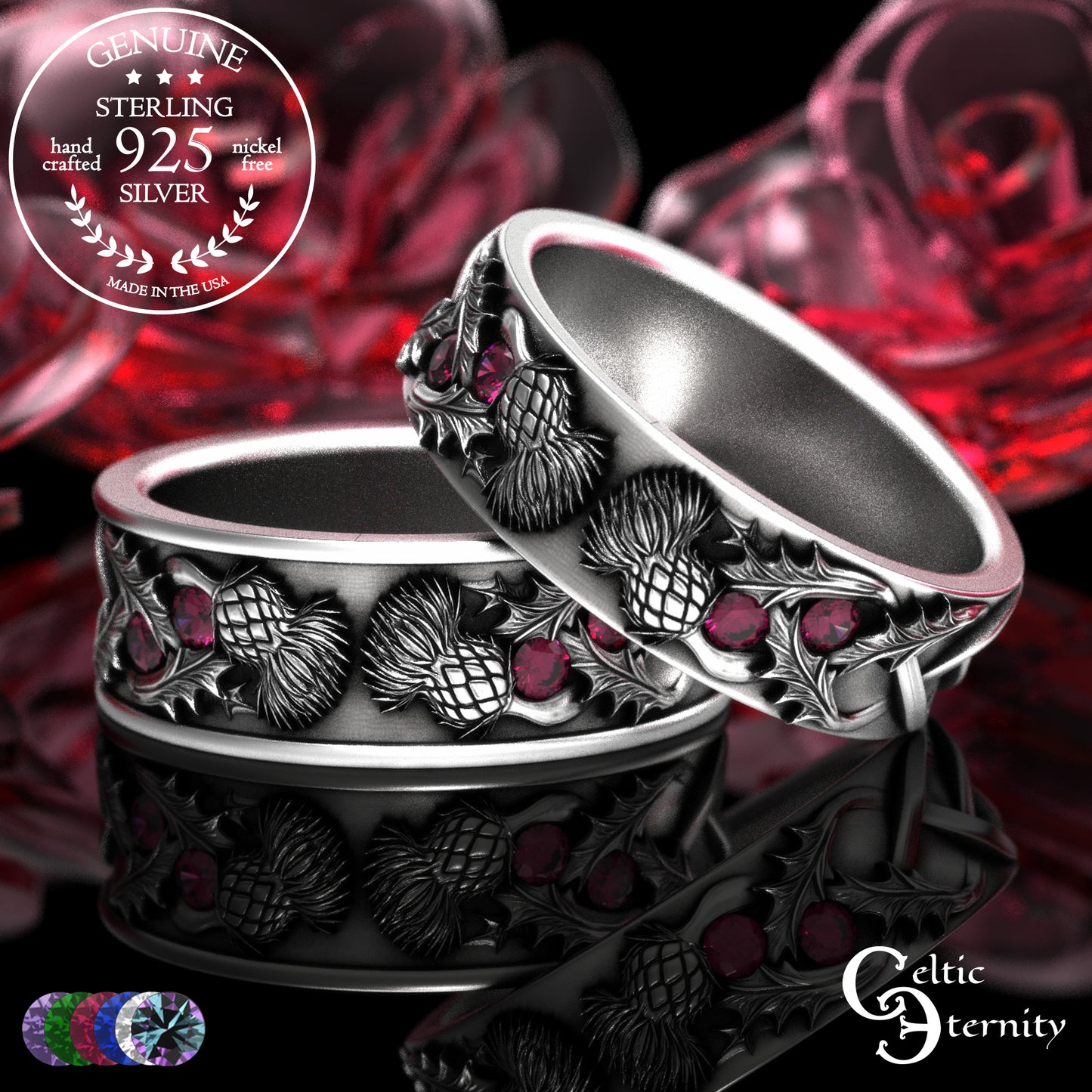 Sterling Scottish Thistle Bride & Groom Wedding Band Set with Emeralds, 2128 2129