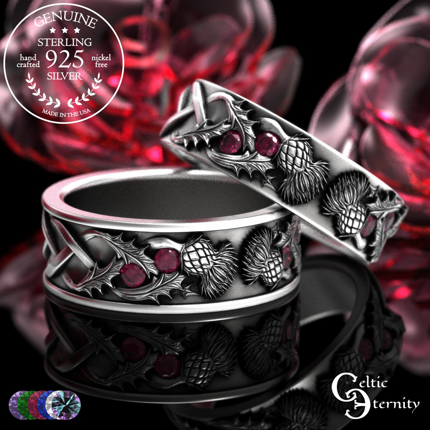Sterling Scottish Thistle Bride & Groom Wedding Band Set with Emeralds, 2128 2129