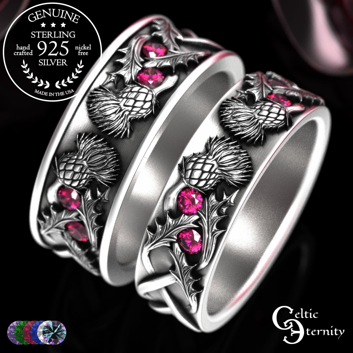 Sterling Scottish Thistle Bride & Groom Wedding Band Set with Emeralds, 2128 2129