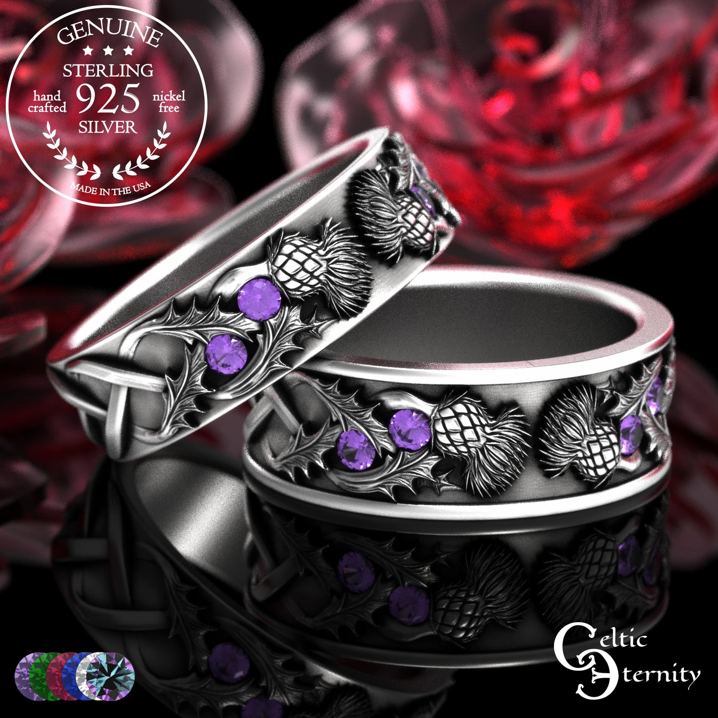 Sterling Scottish Thistle Bride & Groom Wedding Band Set with Emeralds, 2128 2129