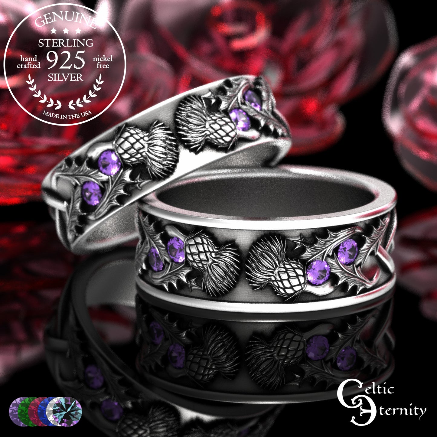 Sterling Scottish Thistle Bride & Groom Wedding Band Set with Emeralds, 2128 2129