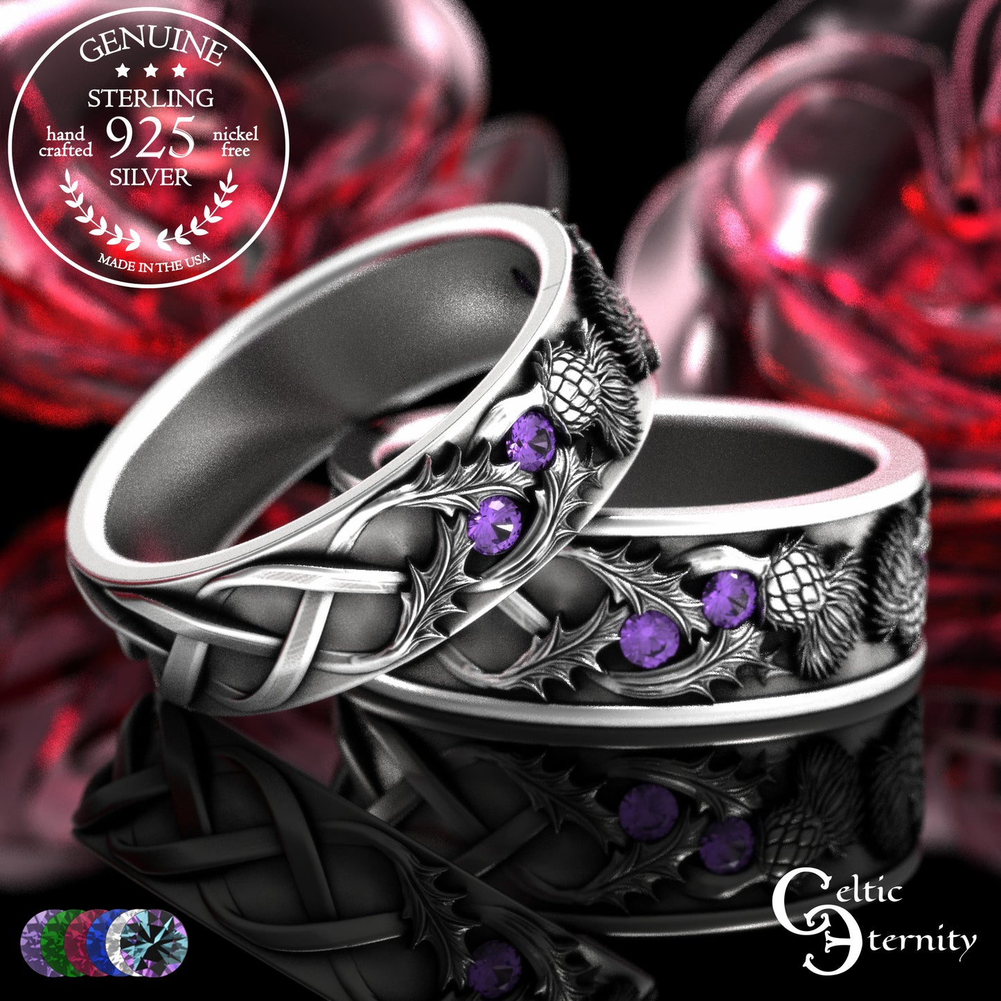 Sterling Scottish Thistle Bride & Groom Wedding Band Set with Emeralds, 2128 2129