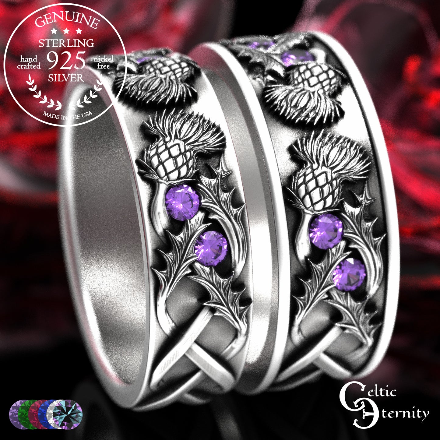 Sterling Scottish Thistle Bride & Groom Wedding Band Set with Emeralds, 2128 2129