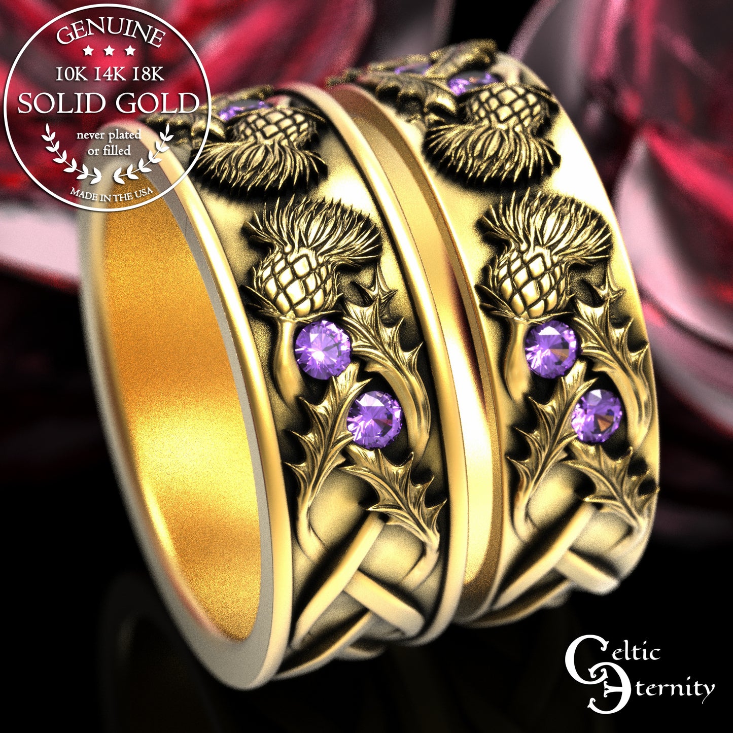 Sterling Woman's Irish Thistle Wedding Band with Alexandrites, 2128
