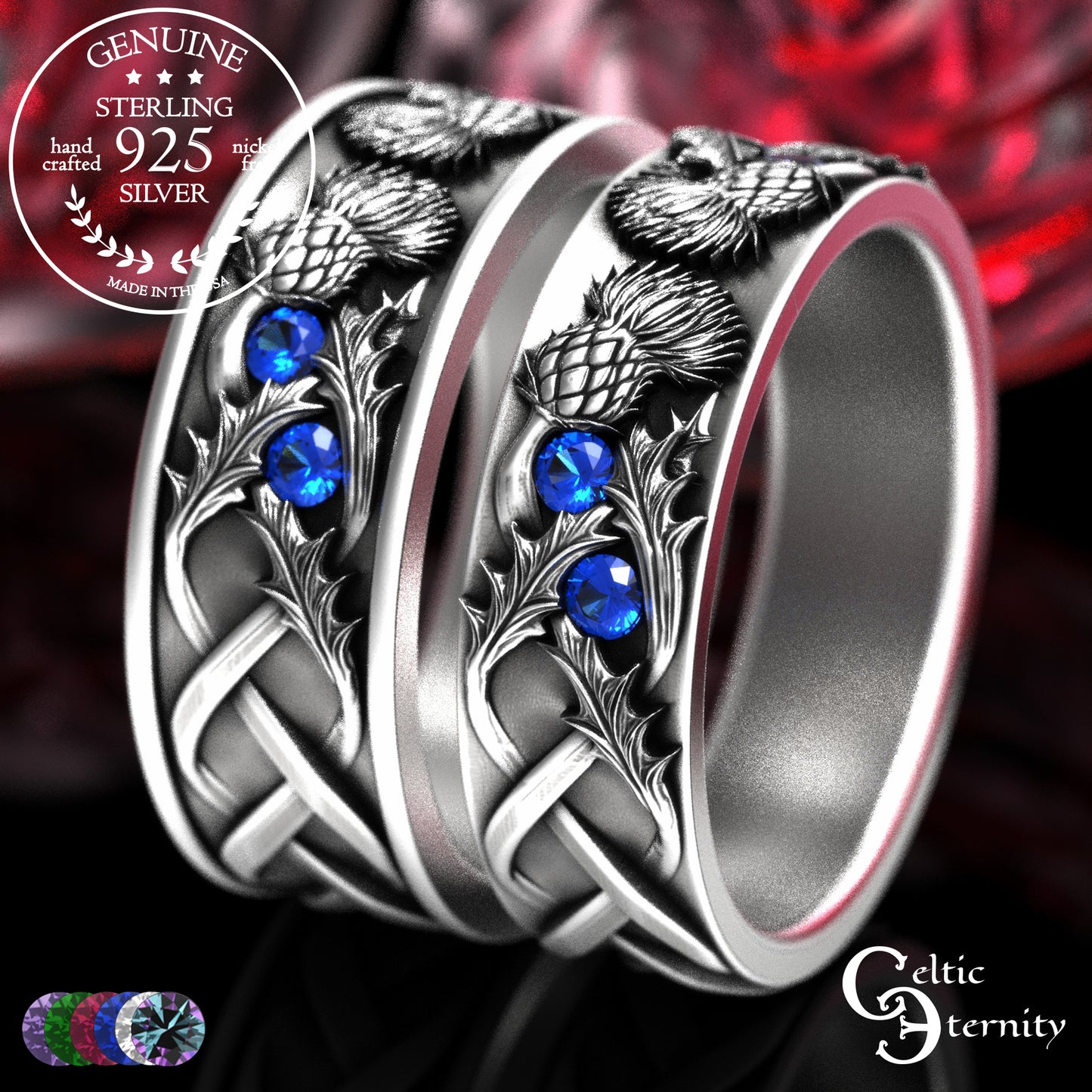 Sterling Scottish Thistle Bride & Groom Wedding Band Set with Emeralds, 2128 2129