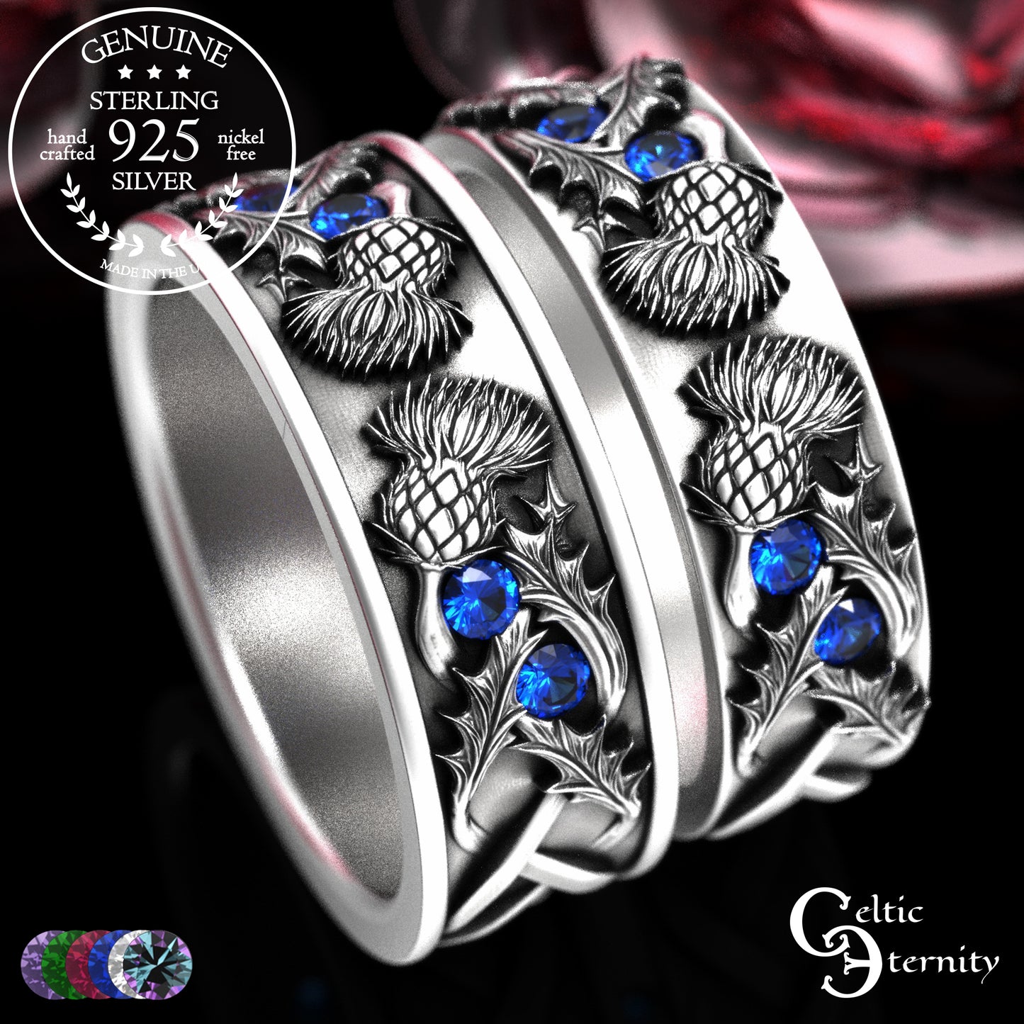 Sterling Scottish Thistle Bride & Groom Wedding Band Set with Emeralds, 2128 2129