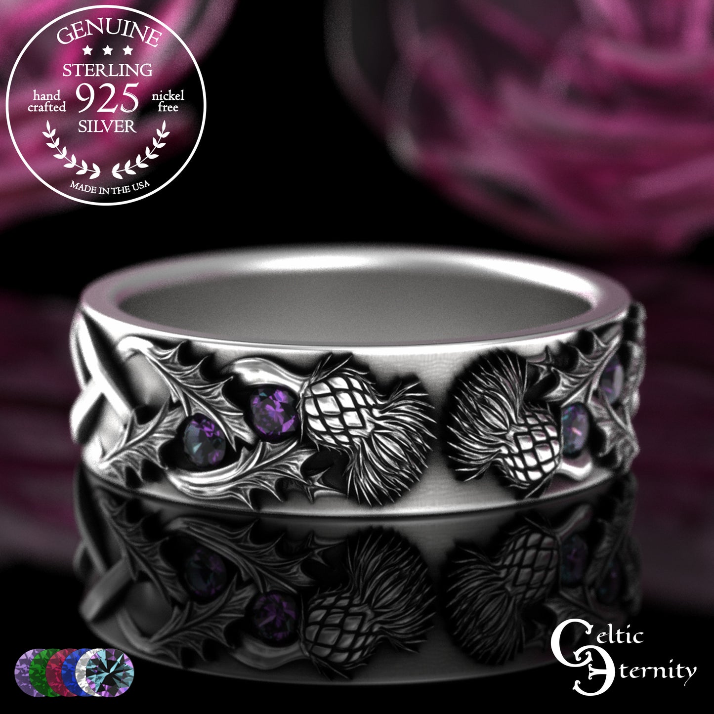 Sterling Woman's Irish Thistle Wedding Band with Alexandrites, 2128