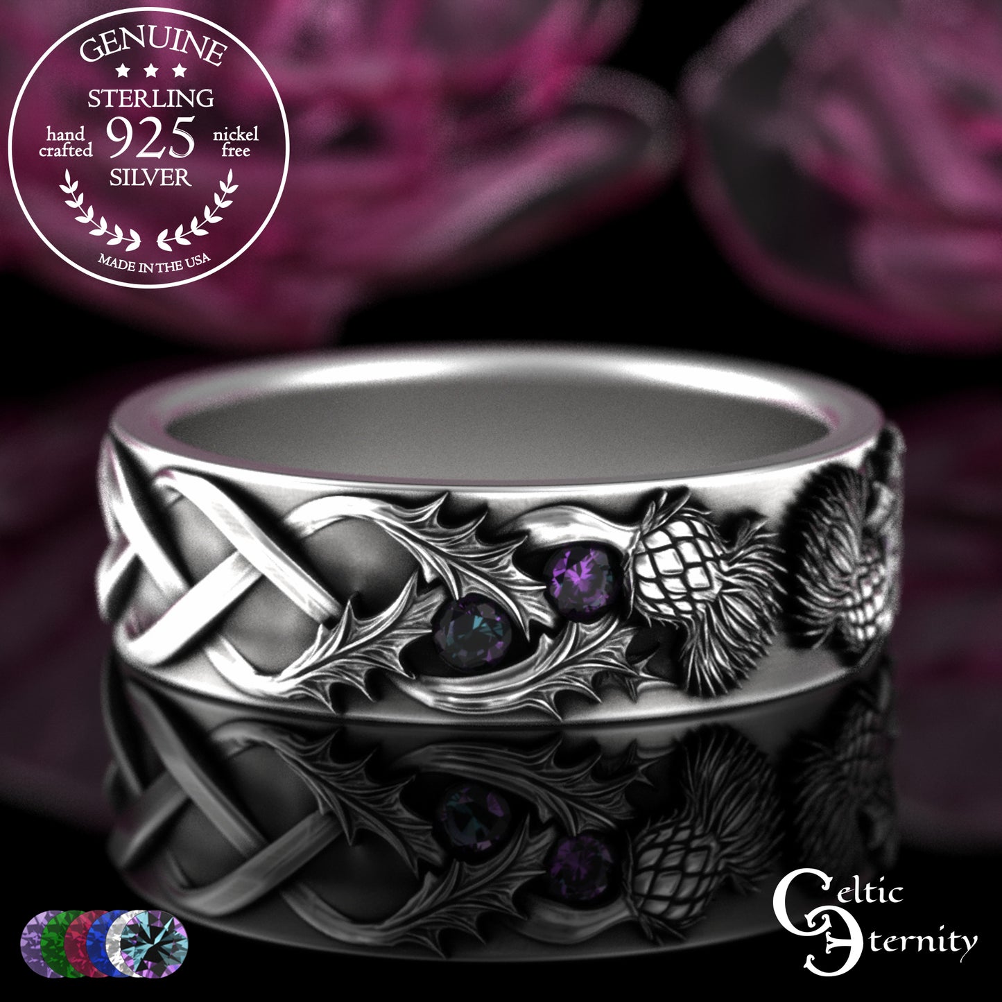 Sterling Woman's Irish Thistle Wedding Band with Alexandrites, 2128