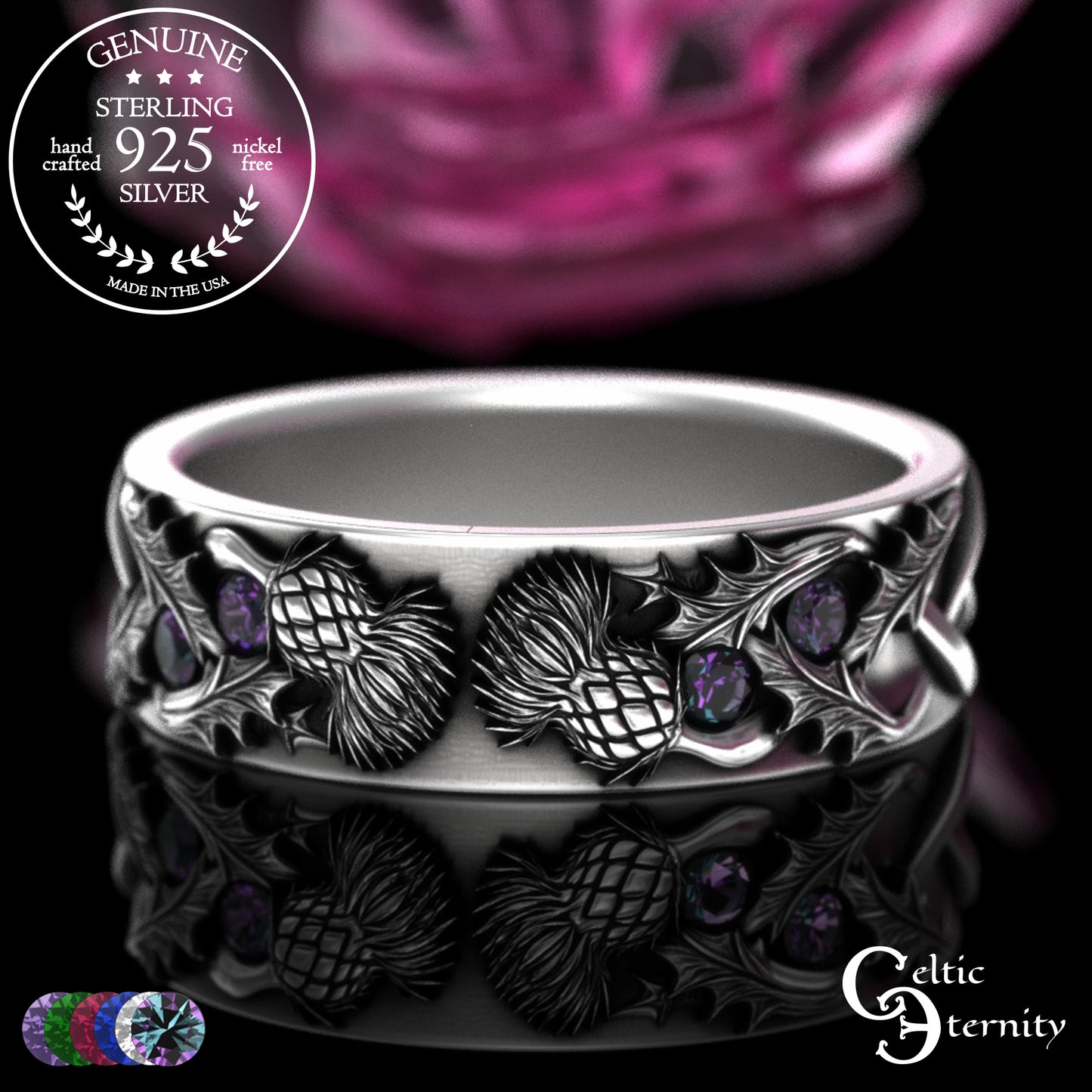Sterling Woman's Irish Thistle Wedding Band with Alexandrites, 2128