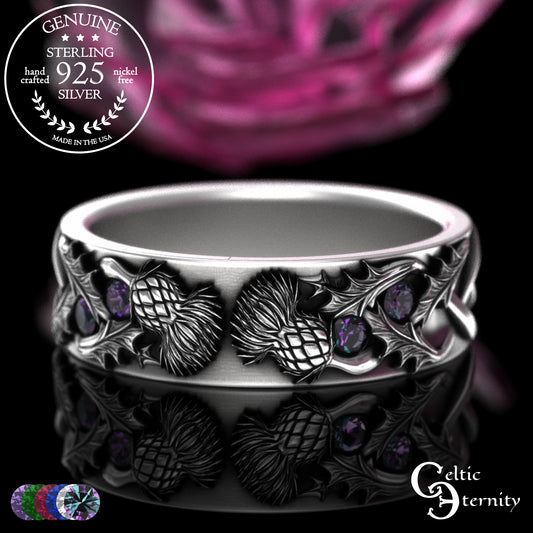 Sterling Woman's Irish Thistle Wedding Band with Alexandrites, 2128