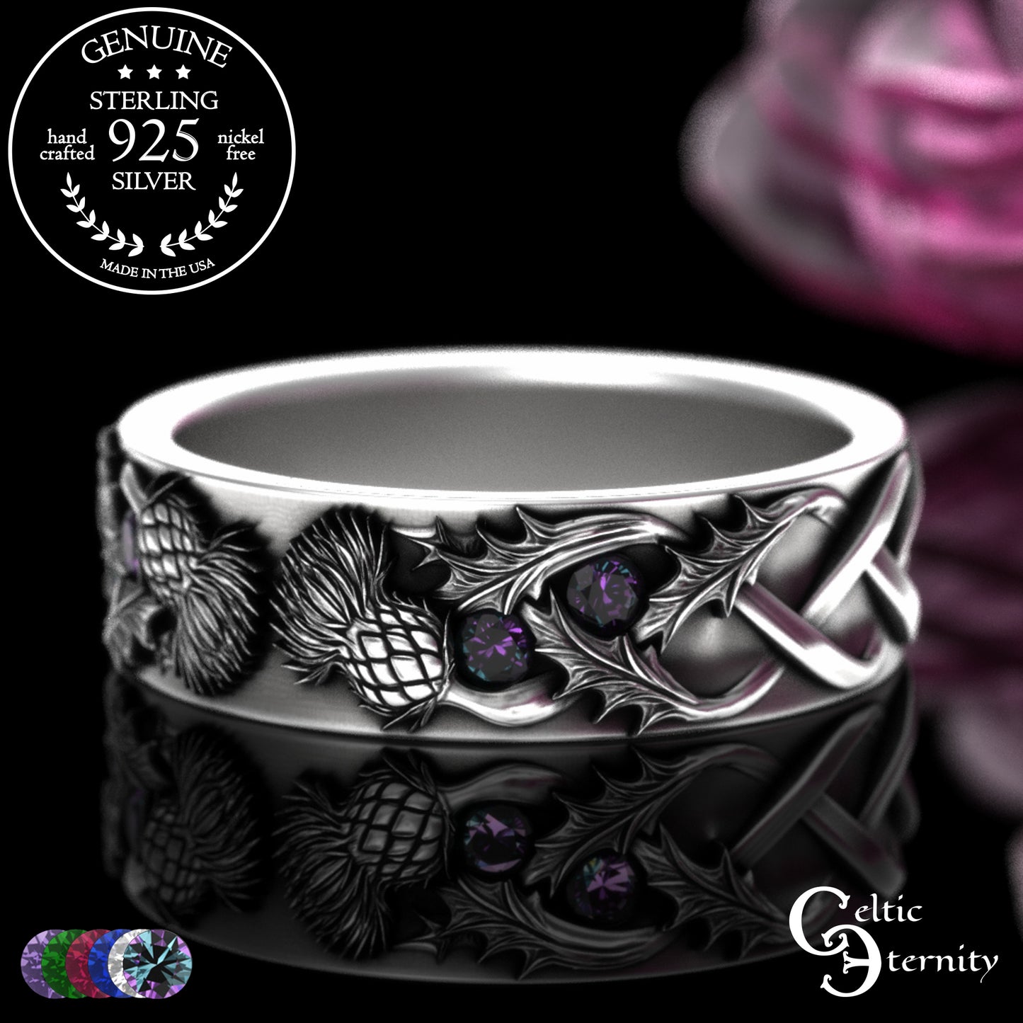 Sterling Woman's Irish Thistle Wedding Band with Alexandrites, 2128
