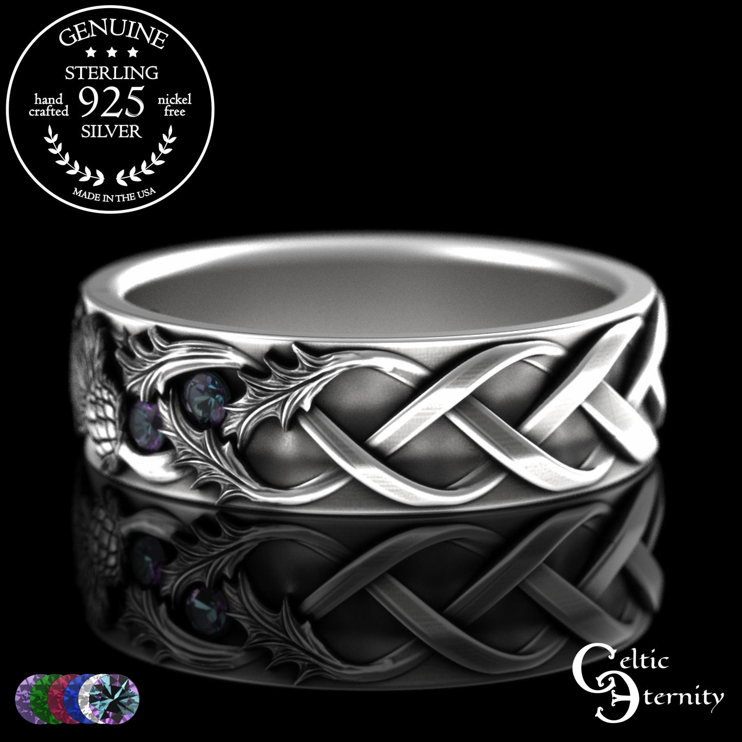 Sterling Woman's Irish Thistle Wedding Band with Alexandrites, 2128
