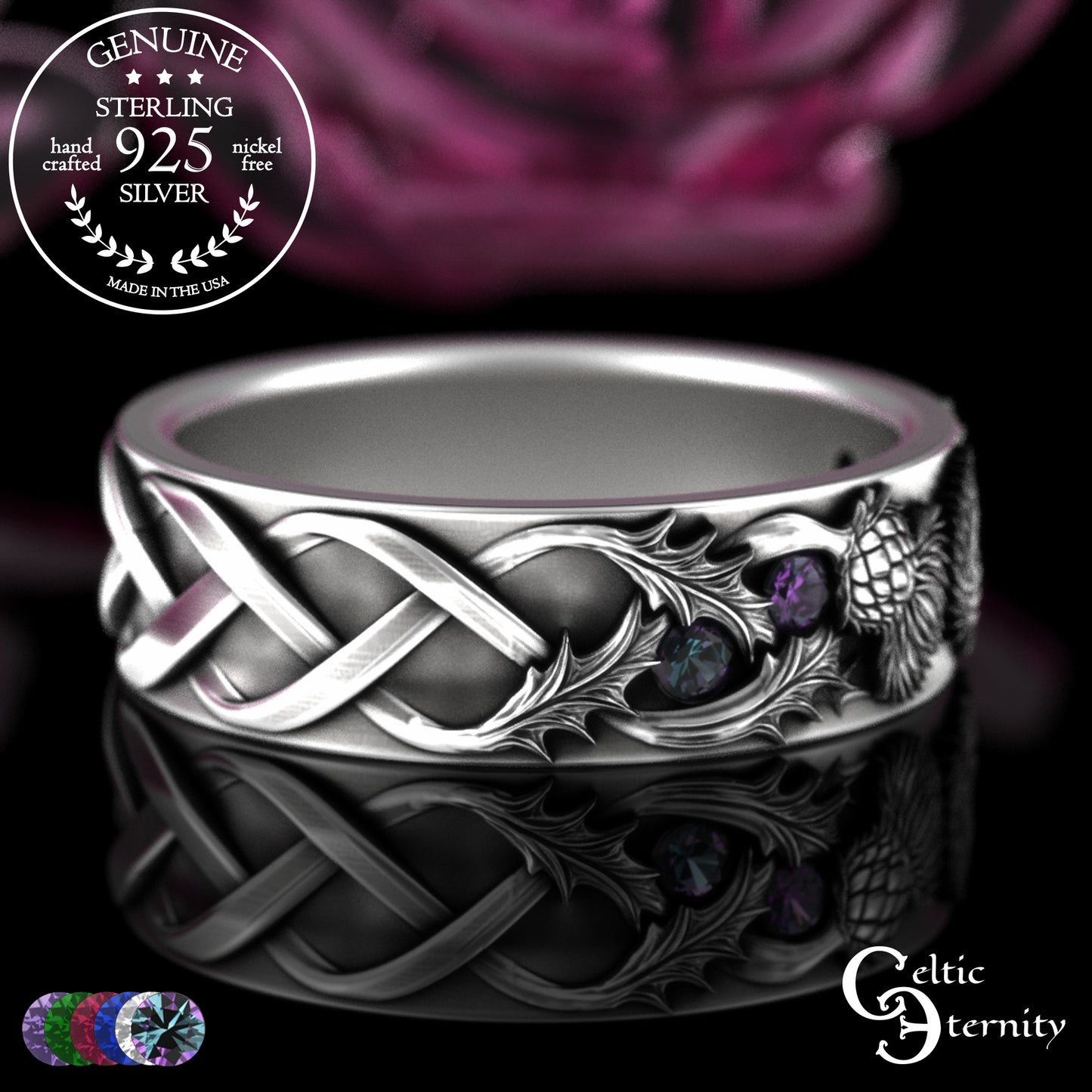 Sterling Woman's Irish Thistle Wedding Band with Alexandrites, 2128