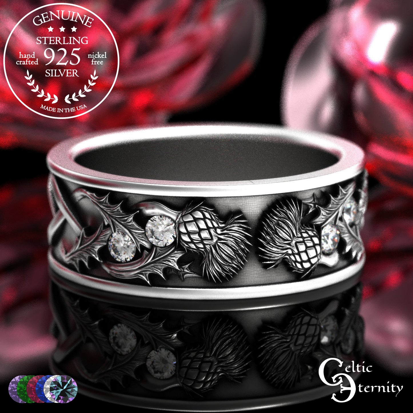 Sterling Men's Scottish Thistle Wedding Band with Amethyst, 2129